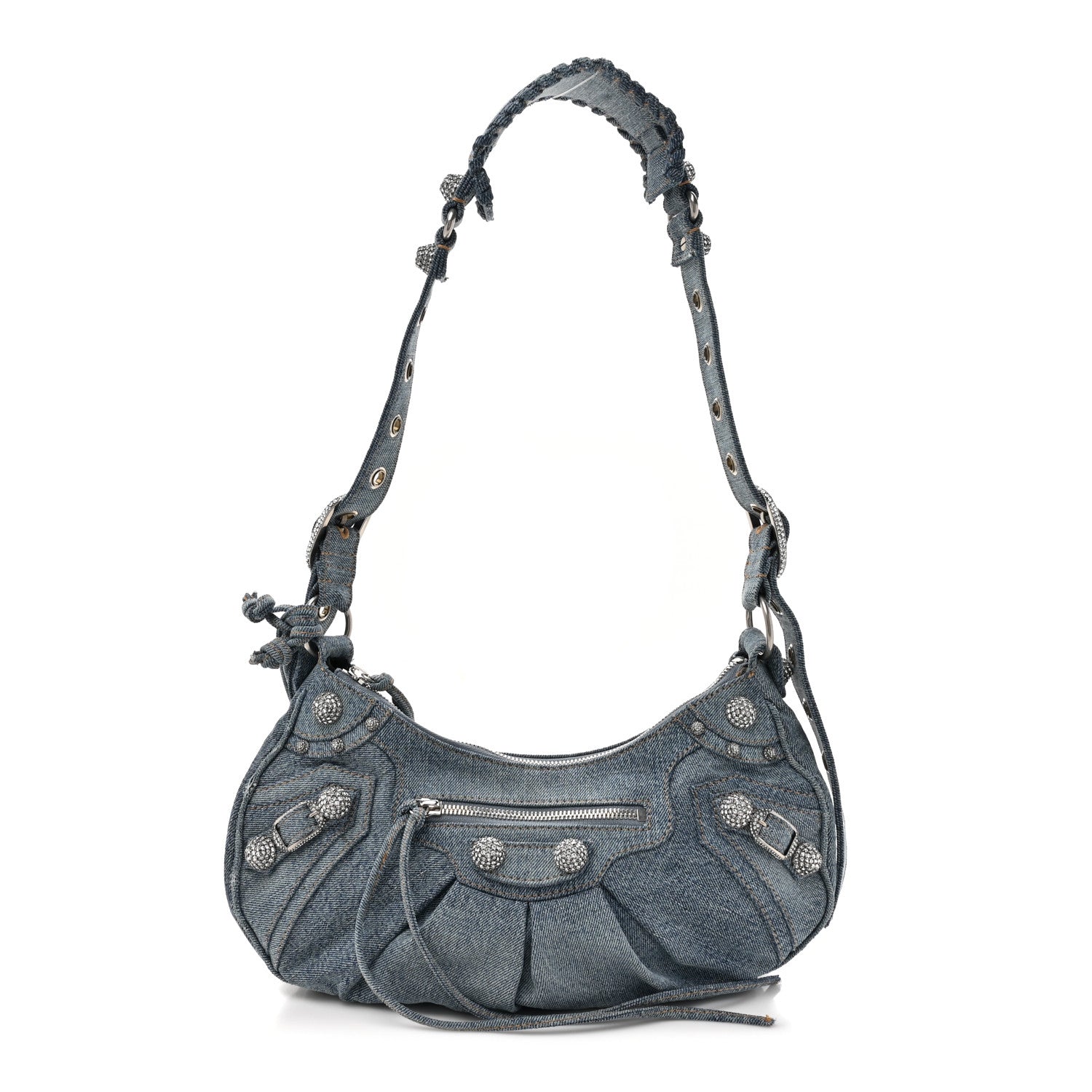 Balenciaga Washed Frayed Denim Crystal Small Le Cagole Shoulder Bag Blue 1 of 11