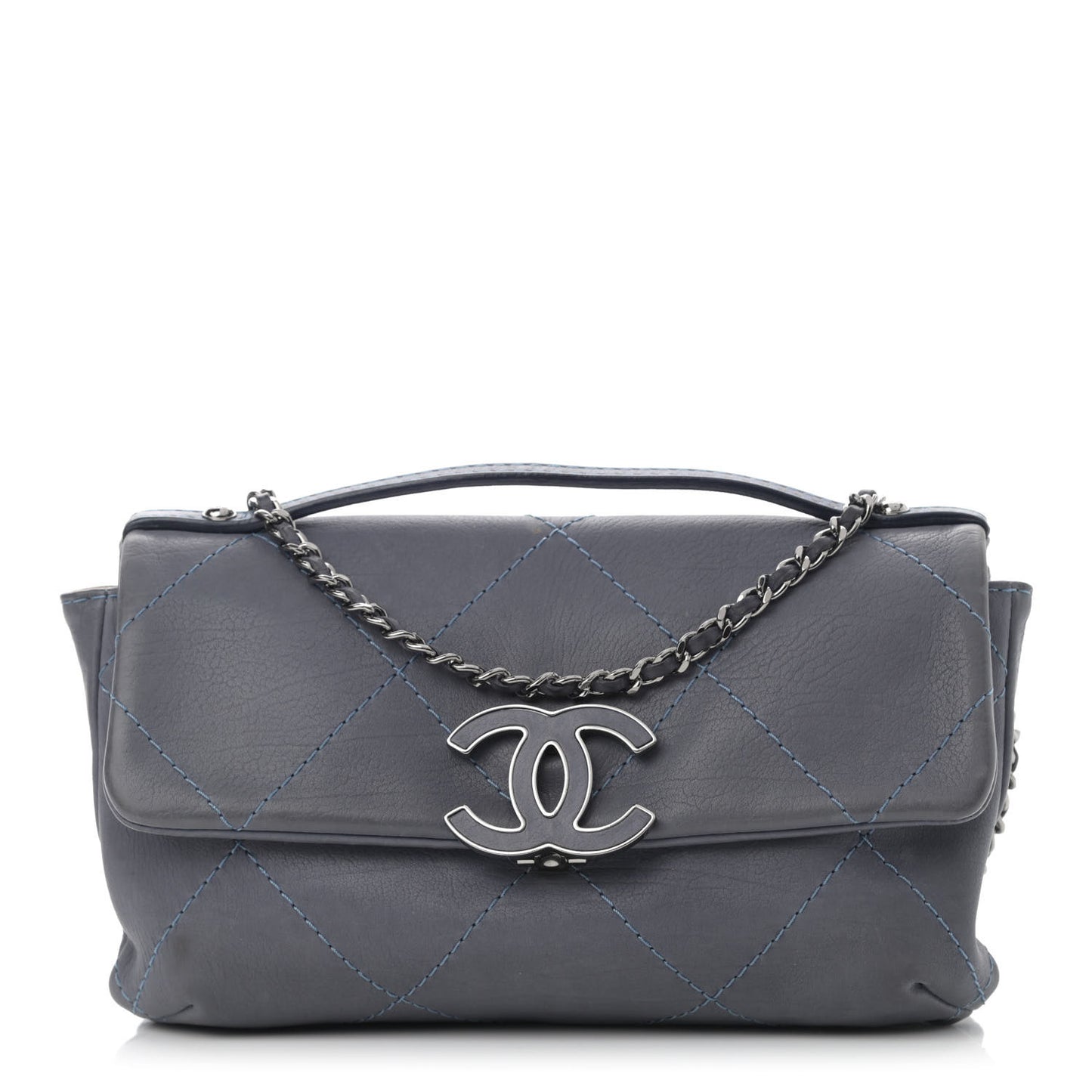 Washed Calfskin Diamond Stitch Hamptons Clutch With Chain Blue