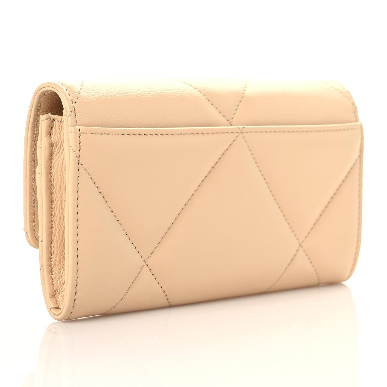 Shiny Goatskin Quilted Chanel 19 Flap Wallet Beige