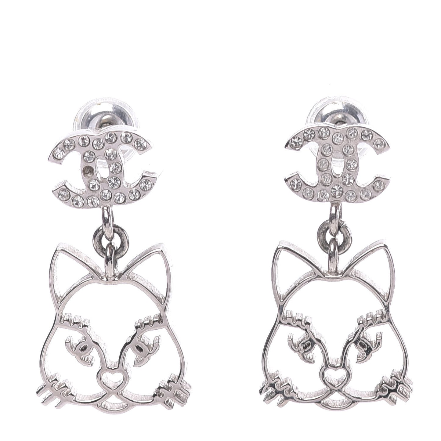 Crystal Emoji Choupette Cat CC Earrings Silver
