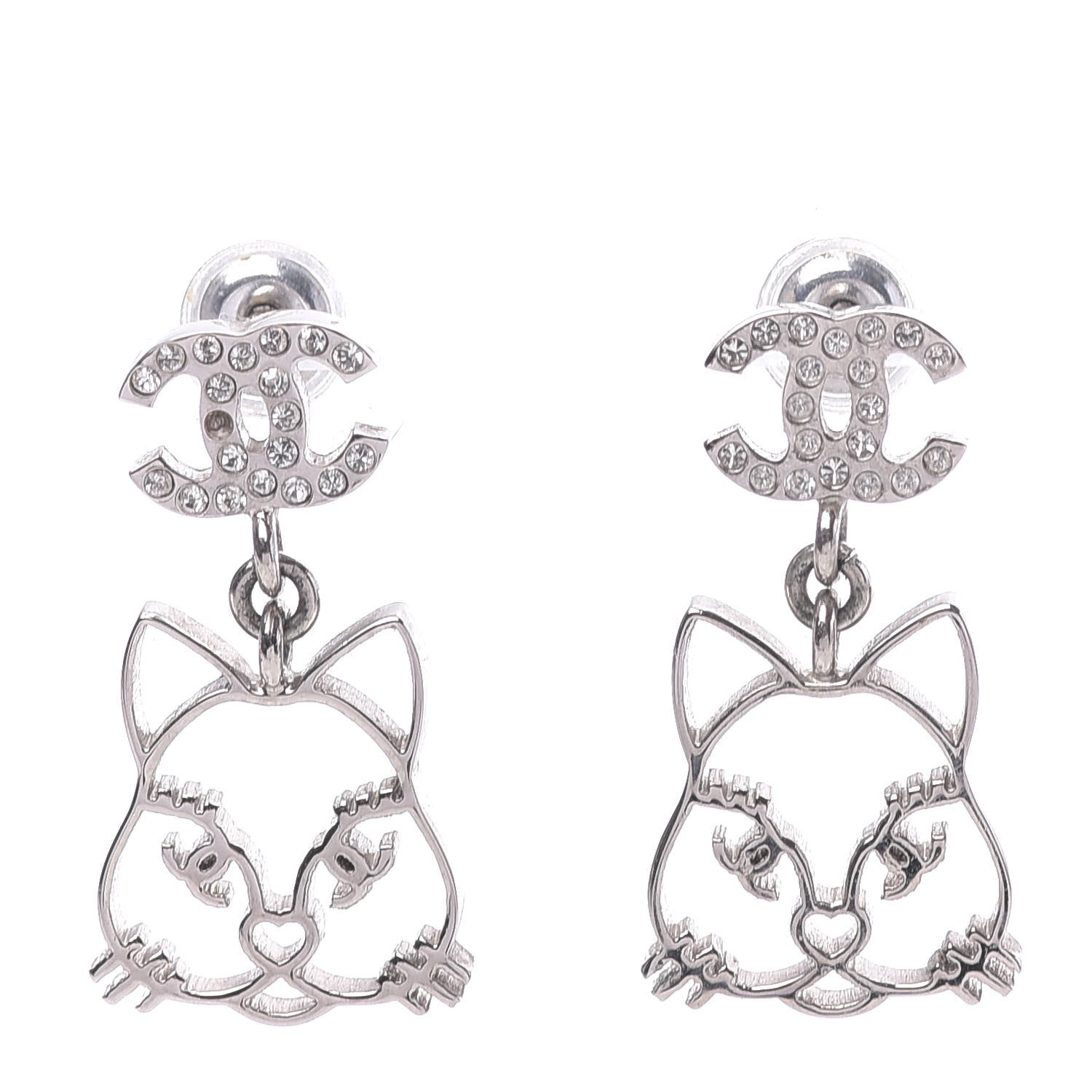 Chanel Crystal Emoji Choupette Cat CC Earrings Silver 1 of 4