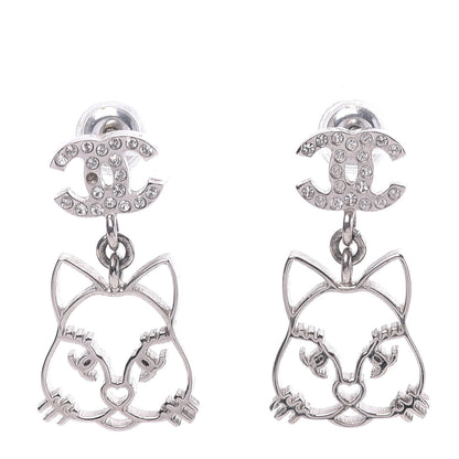 Chanel Crystal Emoji Choupette Cat CC Earrings Silver 1 of 4
