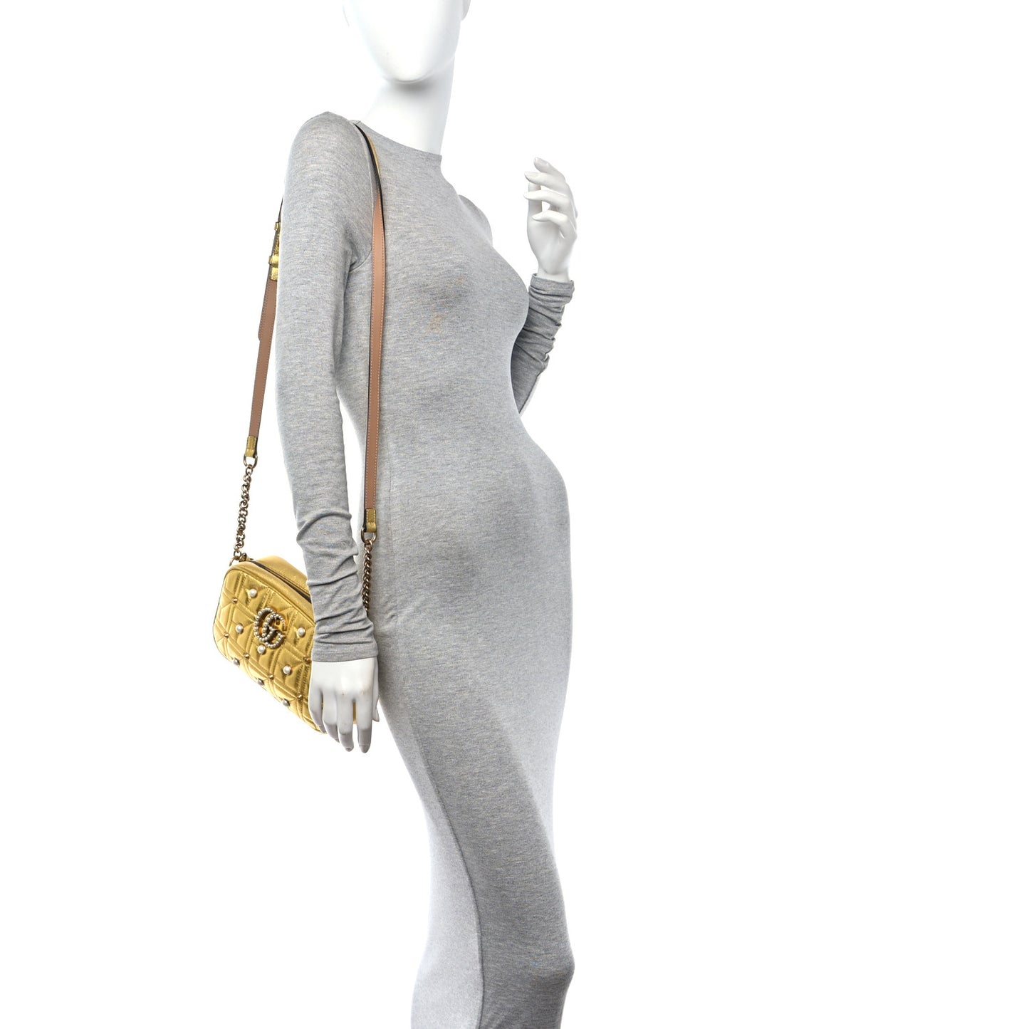 Metallic Calfskin Matelasse Studded Small Pearly GG Marmont Chain Shoulder Bag Gold