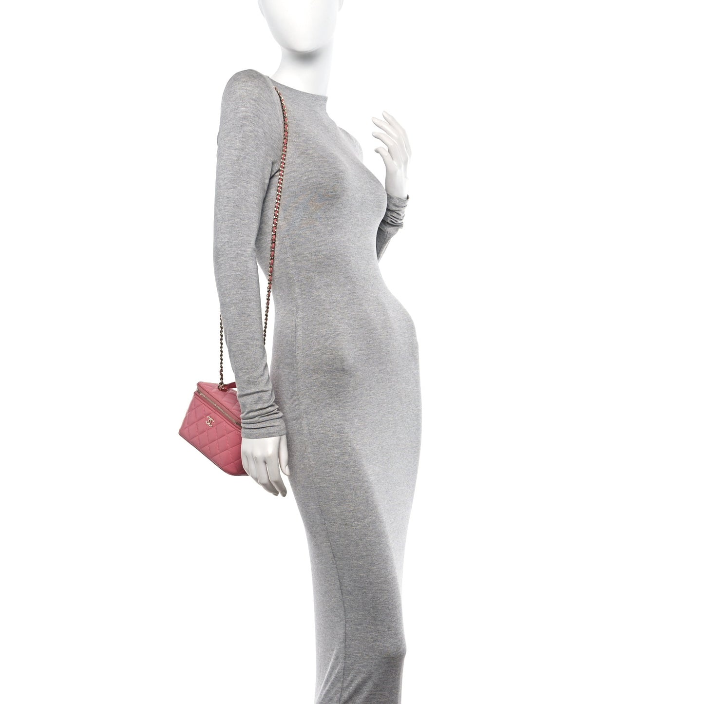 Lambskin Quilted Small Top Handle Vanity Case With Chain Dark Pink