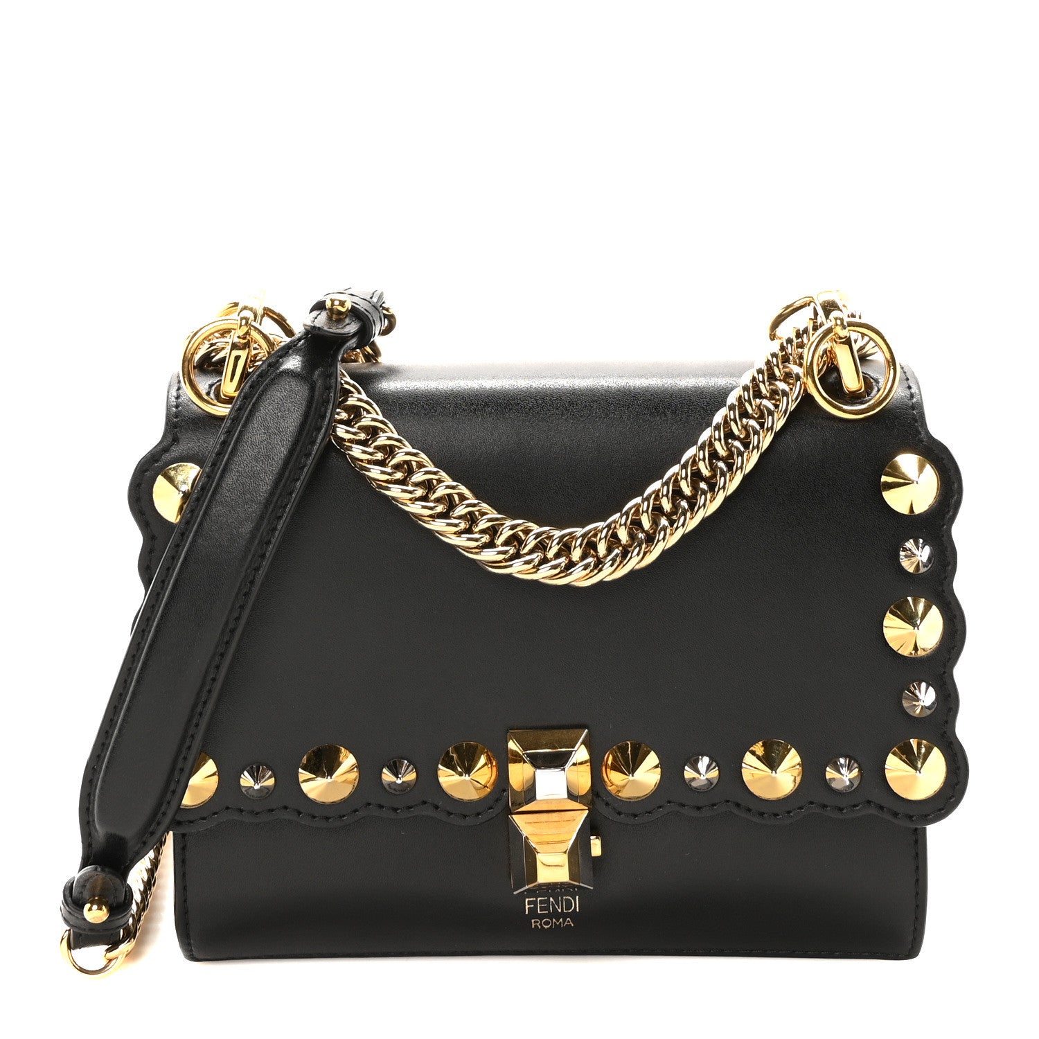Fendi Vitello Liberty Metal Scalloped Multi Studded Small Kan I Shoulder Bag Black 1 of 10