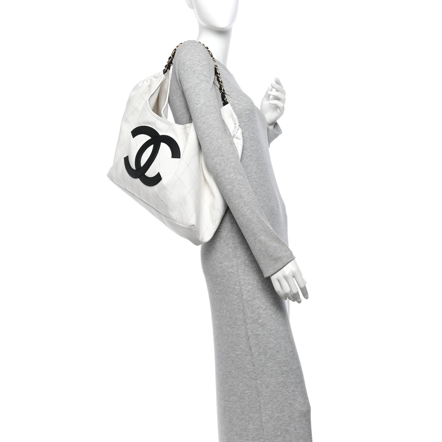 Denim Calfskin Quilted Coco Beach Small Shopping Tote White Black