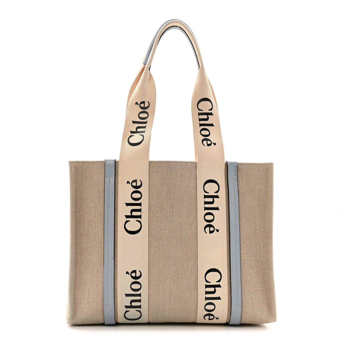 Linen Calfskin Medium Woody Ribbon Tote White Light Blue