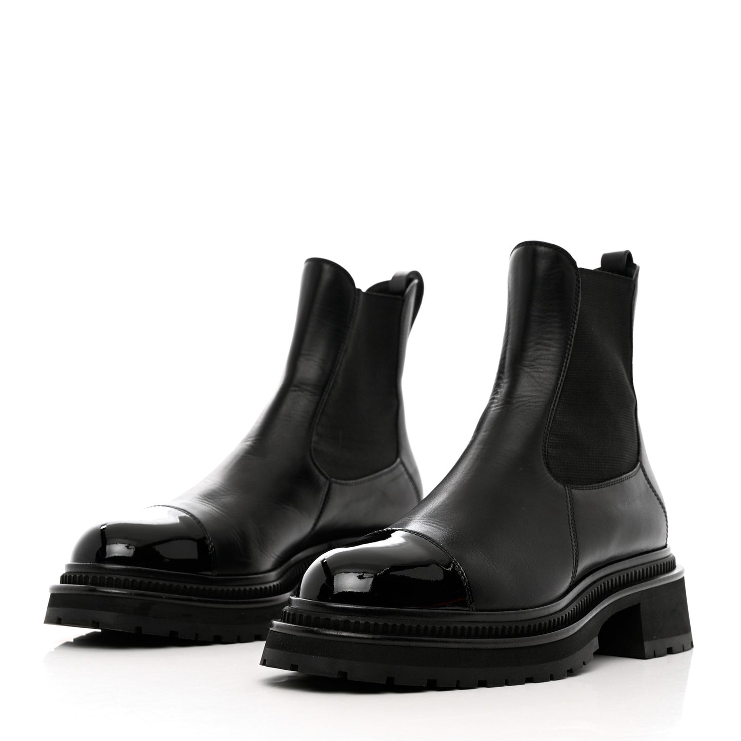 Calfskin Patent Cap Toe Ankle Boots 39.5 Black