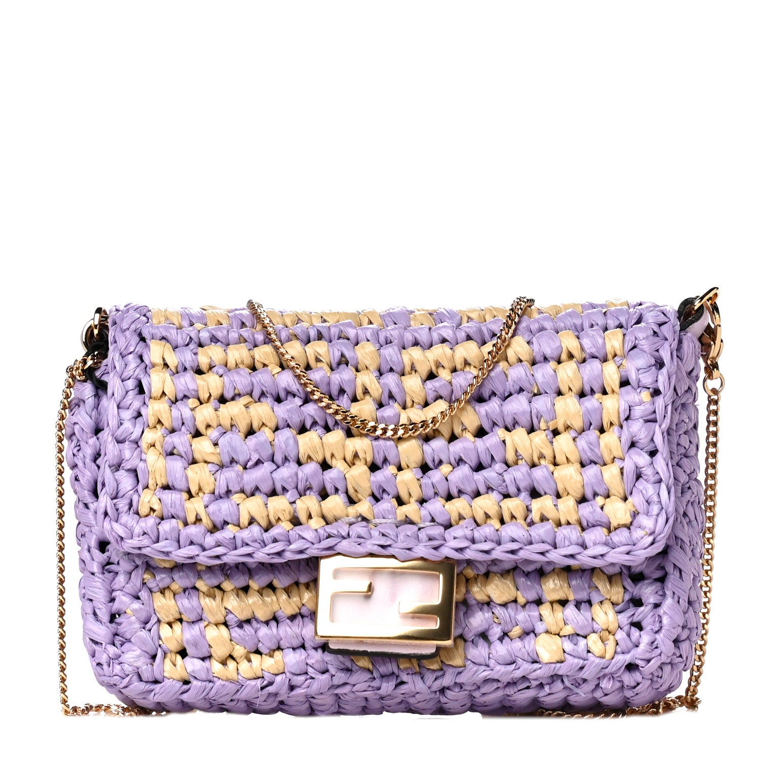 Fendi Raffia Vitello Seta FF Woven Nano Baguette Charm Anemone Natural 1 of 9