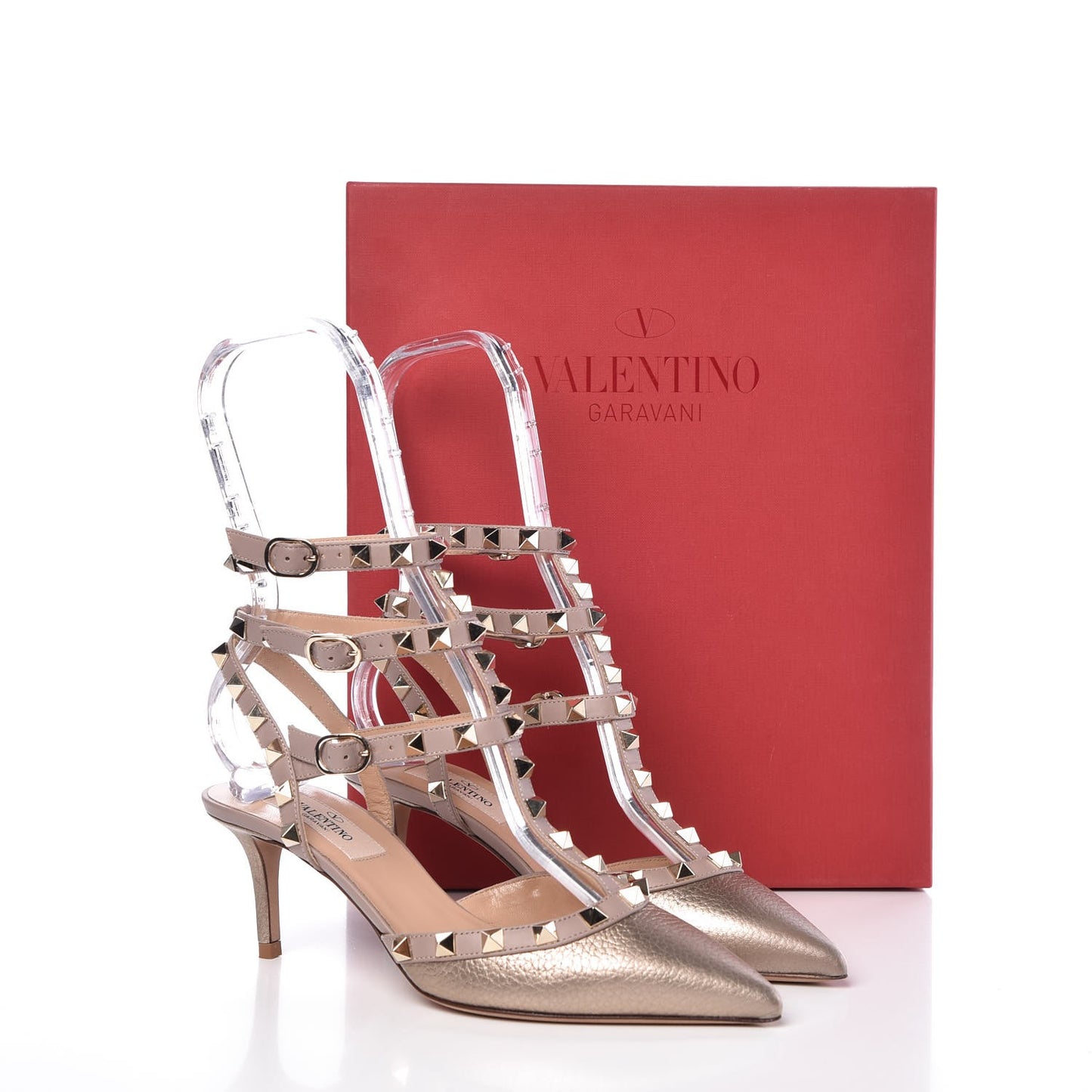 Metallic Pebbled Calfskin Rockstud Ankle Strap 65mm Pumps 35.5 Skin Poudre