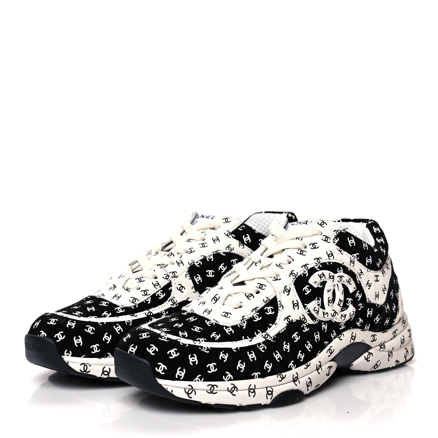 Chanel Nylon Suede Calfskin Printed CC Sneakers 40.5 White Black 3 of 7