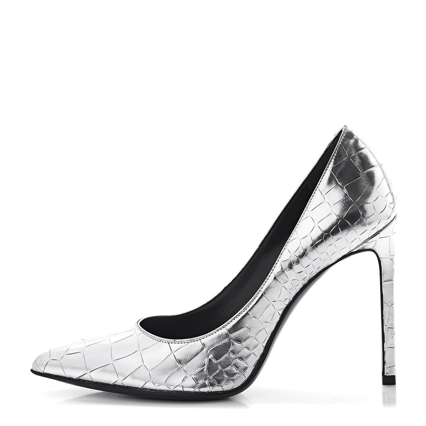 Metallic Calfskin Crocodile Embossed Paris 105 Pumps 37.5 Silver Moon