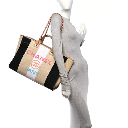 Chanel Straw Raffia Calfskin Striped Large Deauville Tote Black Beige Ivory 3 of 10