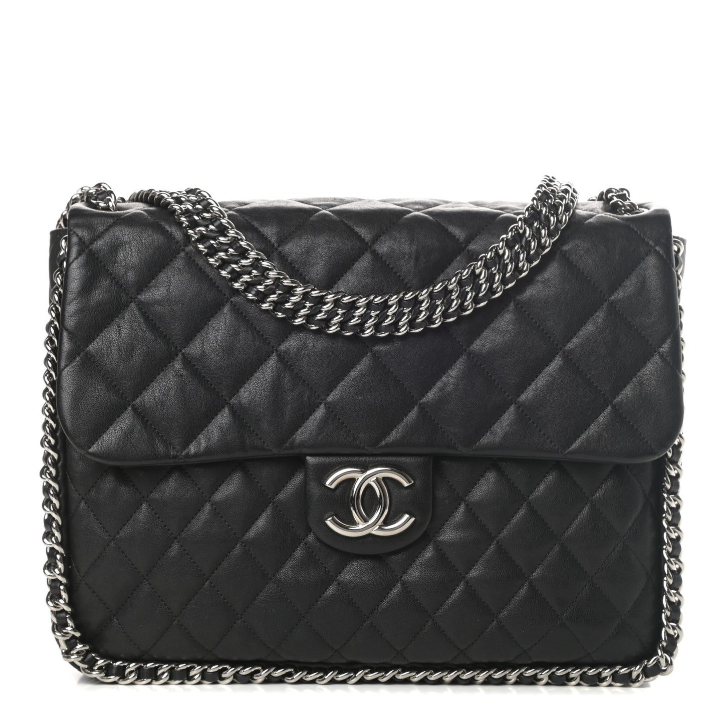 Washed Lambskin Quilted Maxi Chain Around Flap Black