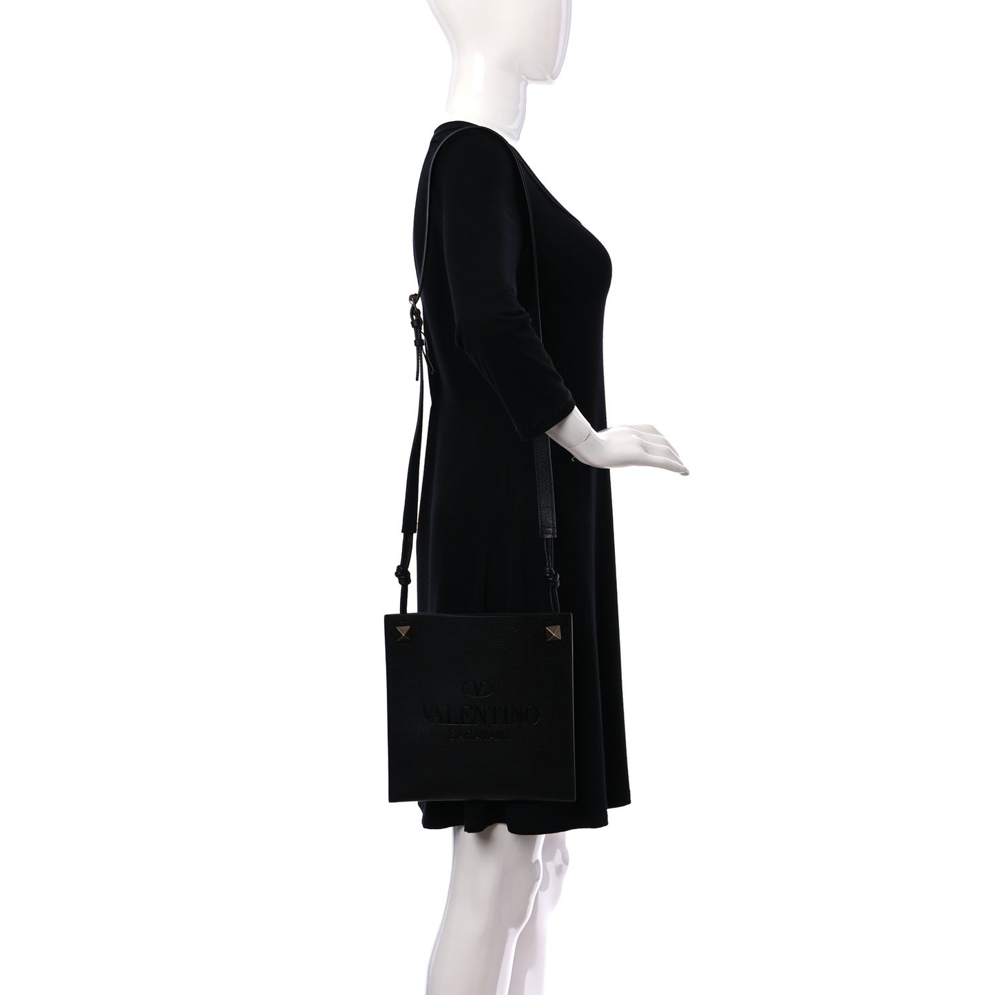Pebbled Calfskin Roman Stud Logo Crossbody Pouch Black