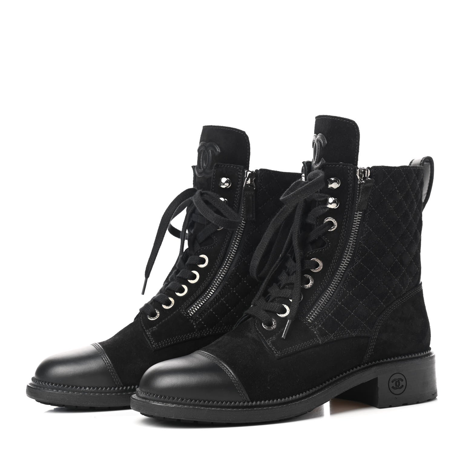 Chanel Suede Quilted CC Lace Up Combat Boots 39 Black 3 of 7