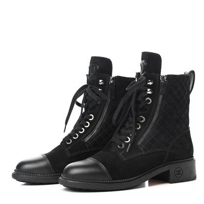 Chanel Suede Quilted CC Lace Up Combat Boots 39 Black 3 of 7
