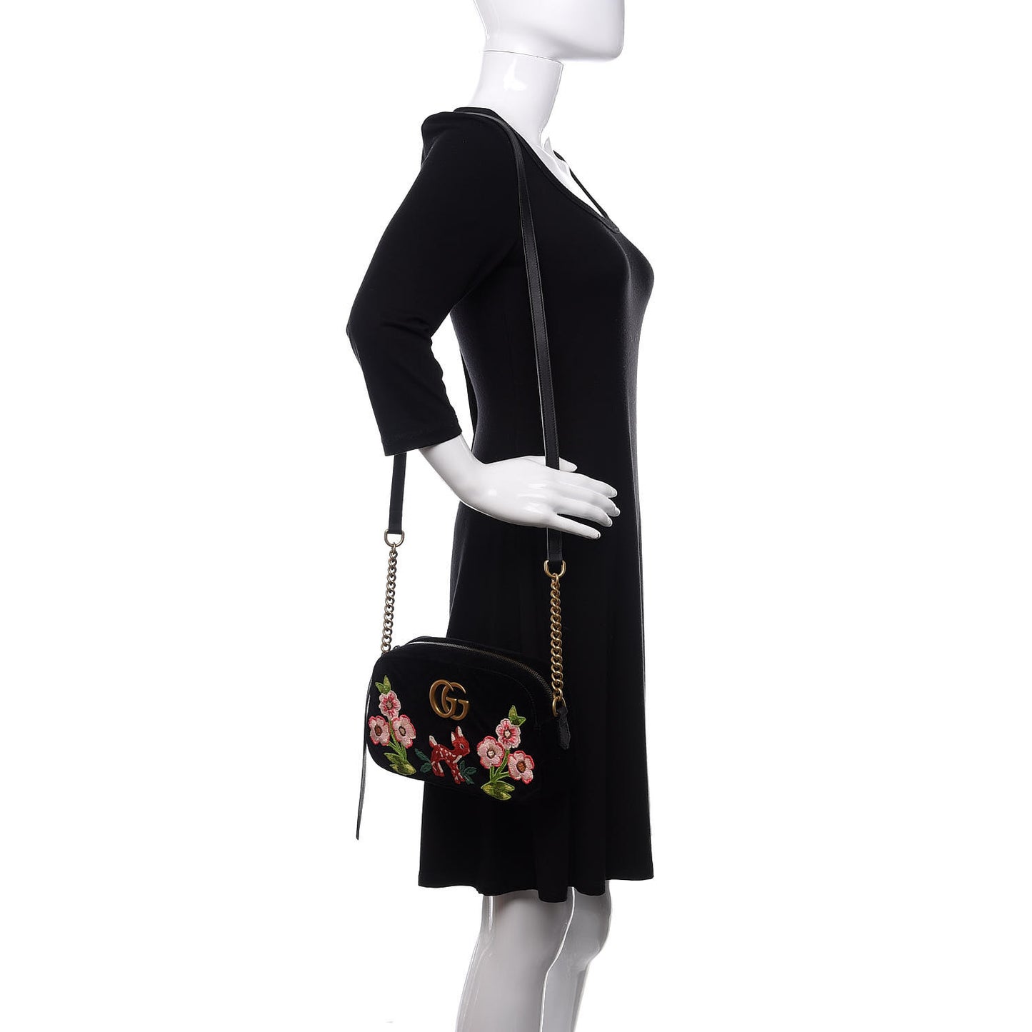 Velvet Matelasse Deer Embroidered Small GG Marmont Chain Shoulder Bag Black