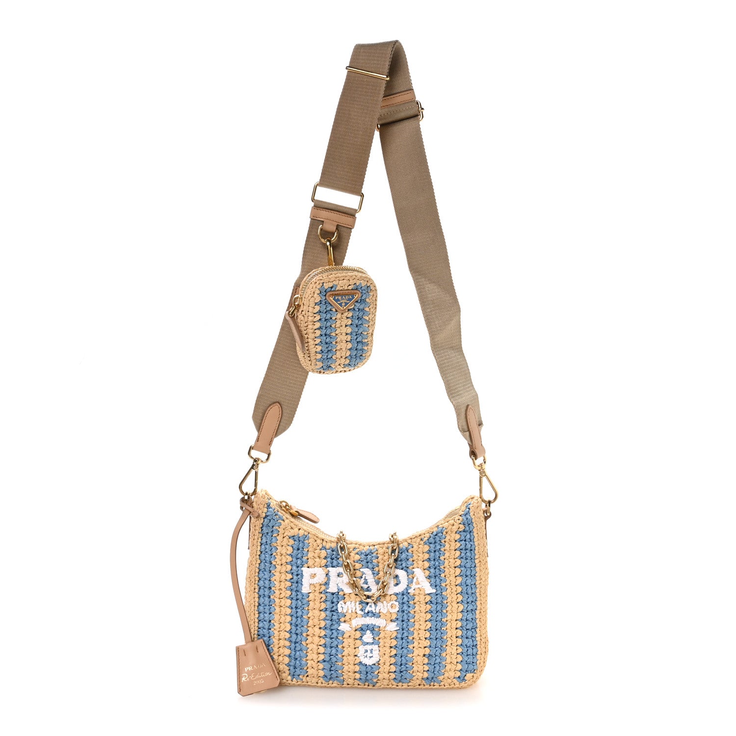 Prada Yarn Raffia Effect Crochet Striped Re-Edition 2005 Shoulder Bag Naturale Celeste 1 of 11
