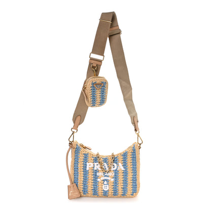 Prada Yarn Raffia Effect Crochet Striped Re-Edition 2005 Shoulder Bag Naturale Celeste 1 of 11
