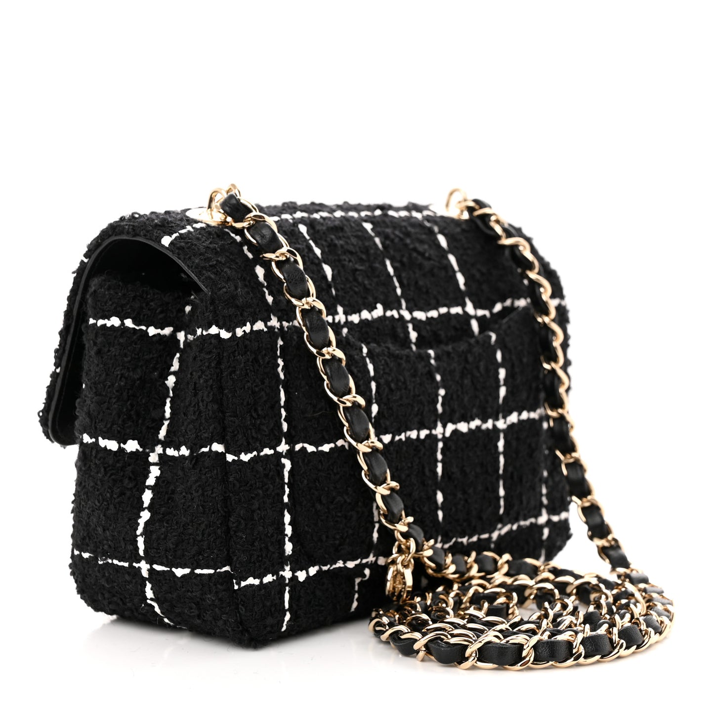 Tweed Quilted Mini Rectangular Camellia Flap Black White