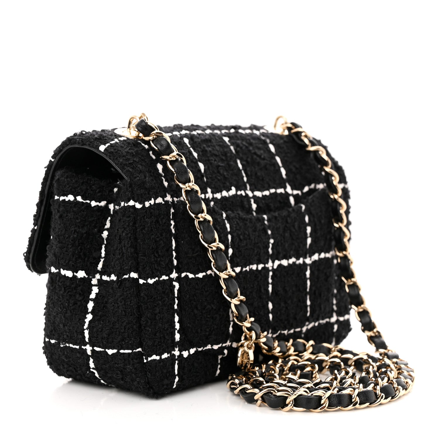 Chanel Tweed Quilted Mini Rectangular Camellia Flap Black White 3 of 11