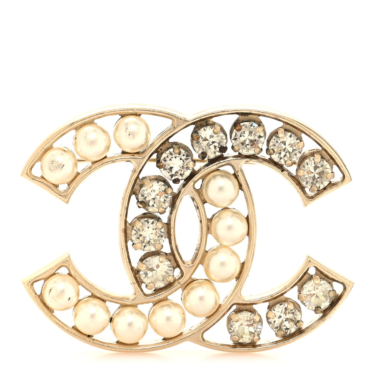 Pearl Crystal CC Brooch Gold