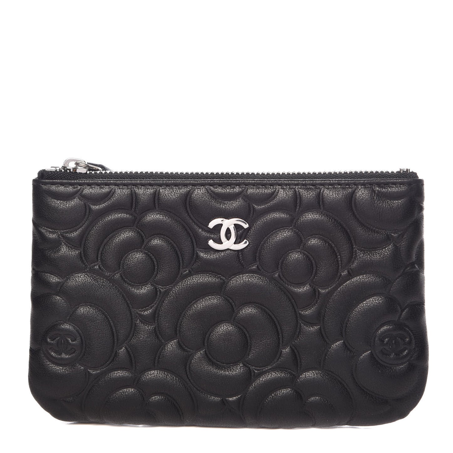 Goatskin Camellia Embossed Cosmetic Pouch Black