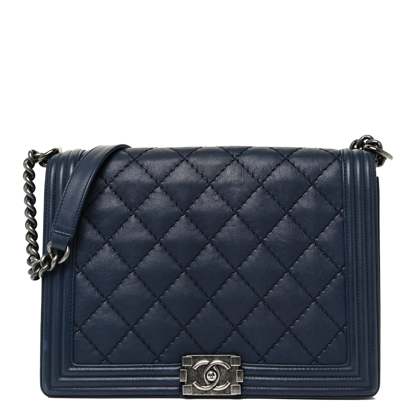 Calfskin Double Stitch Large Boy Flap Navy Blue