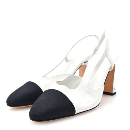 Chanel Goatskin Grosgrain Cap Toe CC Slingback Pumps 39 White Black 2 of 9