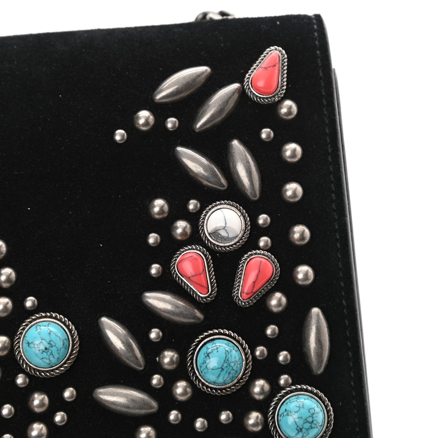 Suede Small Monogram Stone Studded Kate Satchel Black Turquoise Coral