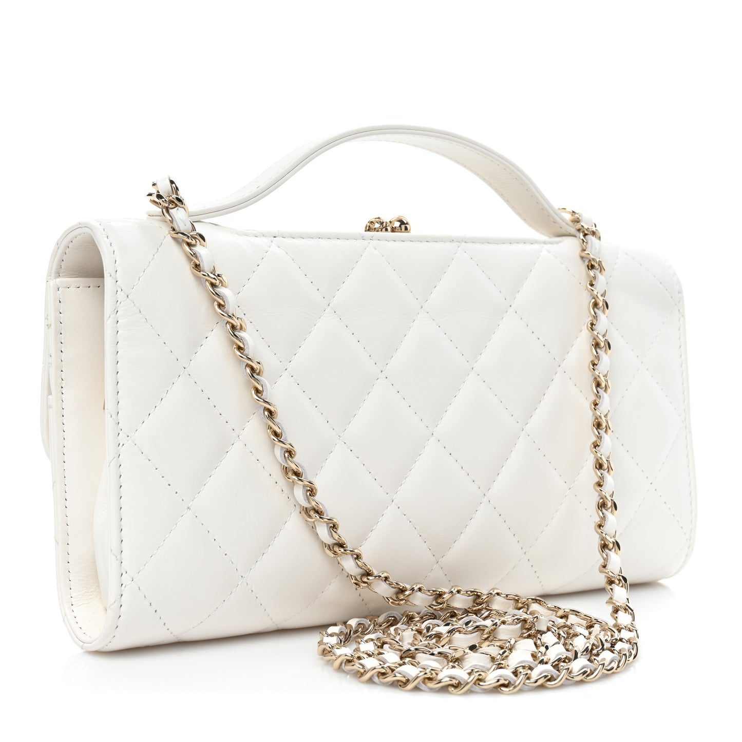 Shiny Calfskin Quilted Flap Phone Holder With Chain White