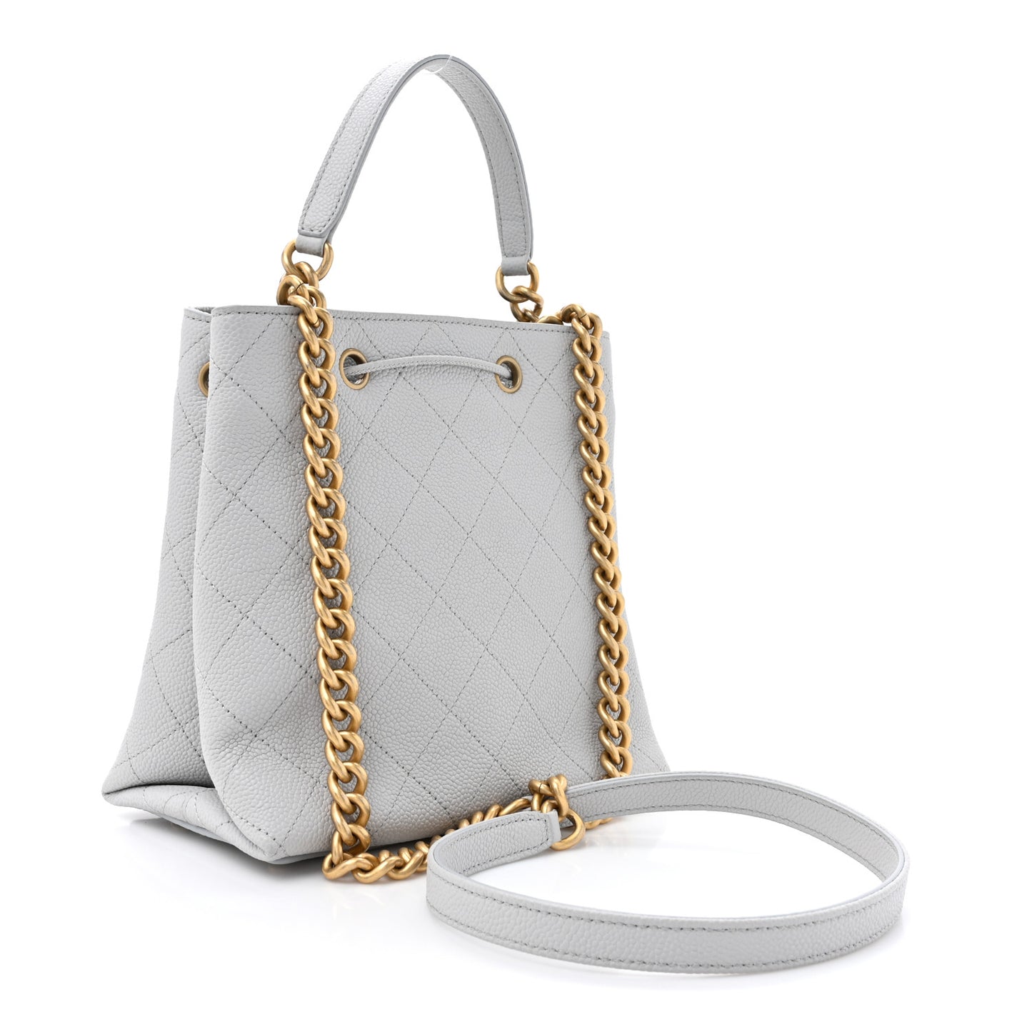 Grained Calfskin Stitched Small Drawstring Bag Grey