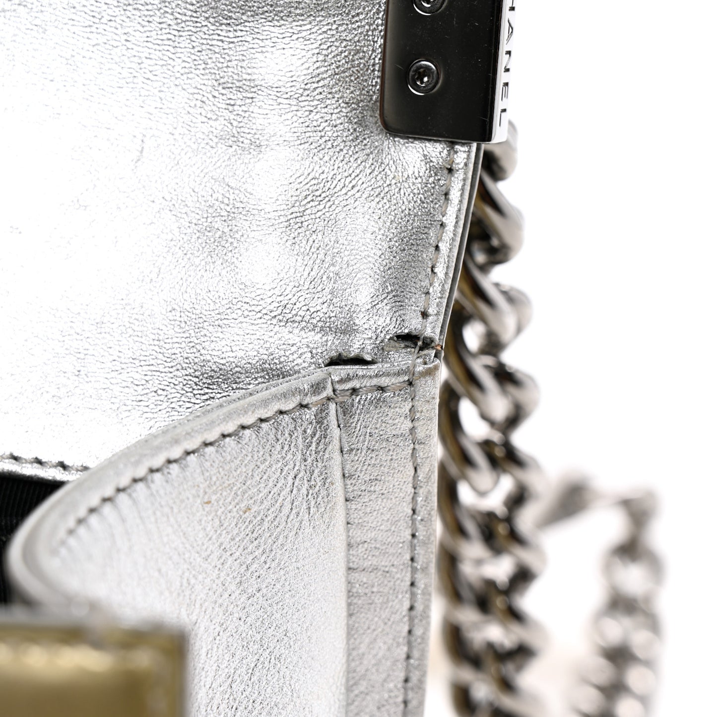 Metallic Patent Calfskin Quilted Medium Boy Flap Silver