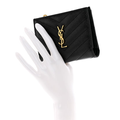 Saint Laurent Grain De Poudre Matelasse Chevron Monogram Zipped Card Case Black 2 of 10
