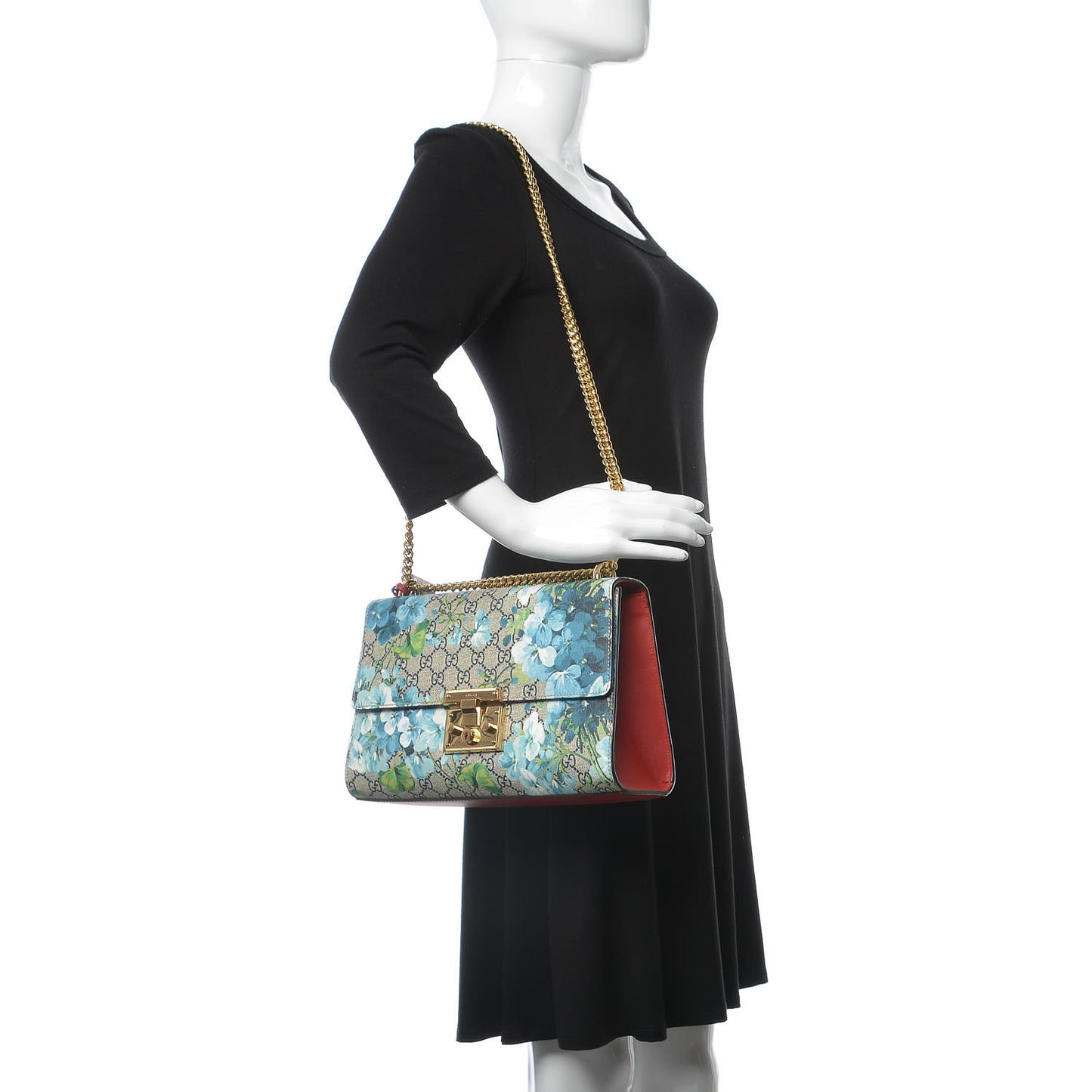 GG Supreme Monogram Blooms Medium Padlock Shoulder Bag Beige Blue Navy Hibiscus Red