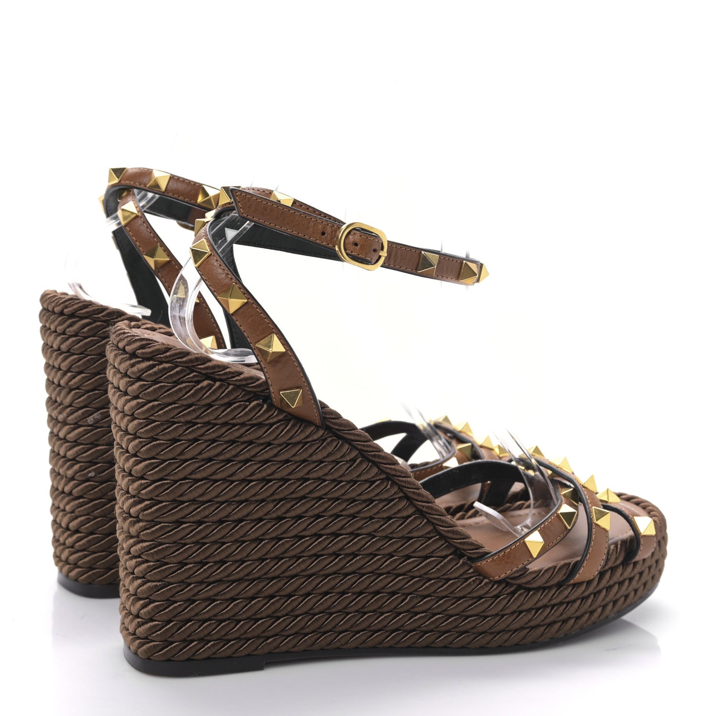 Calfskin Rockstud Ankle Strap Torchon Espadrille Caged 25/95mm Wedge Sandals 39 Cuoio
