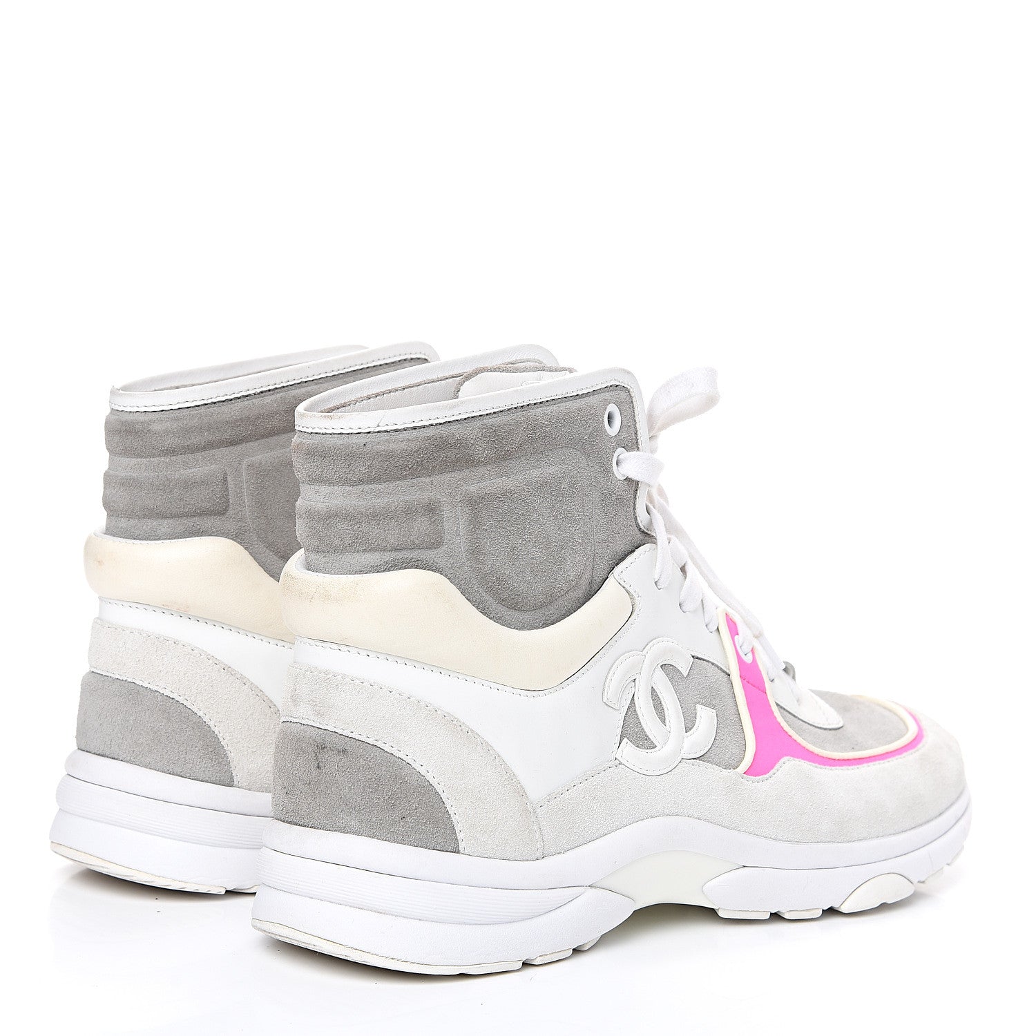 Chanel Suede Calfskin Lambskin Neoprene High Top CC Sneakers 39 White Grey Fluo Pink 4 of 11