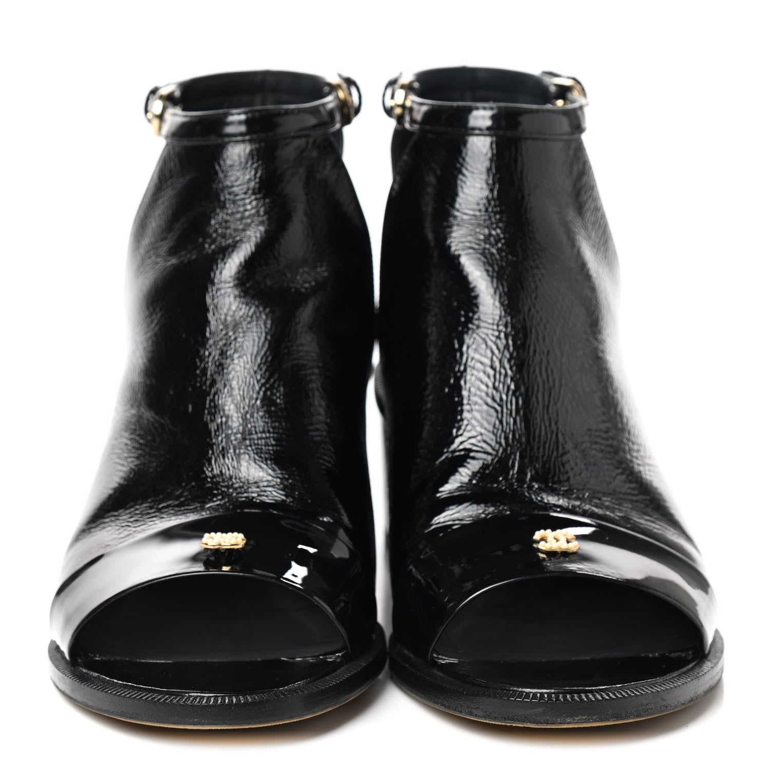 Chanel Patent Goatskin Patent Calfskin Peep Toe Short Ankle Boots 39 Black 2 of 9