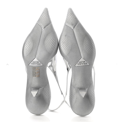Prada Spazzolato Triangle Logo Pointed Toe 45mm Slingback Pumps 37.5 Argento 5 of 8