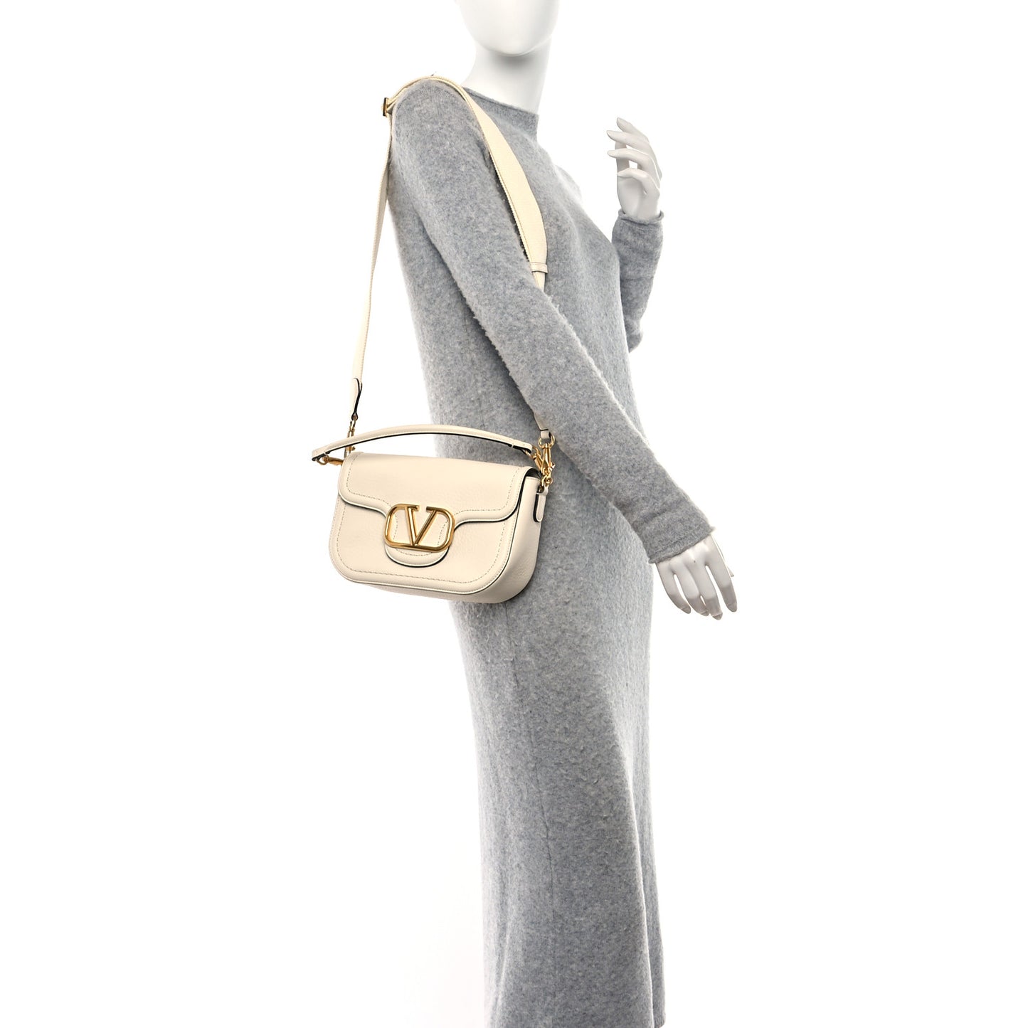 Pebbled Calfskin Vlogo Small Top Handle Shoulder Bag Ivory