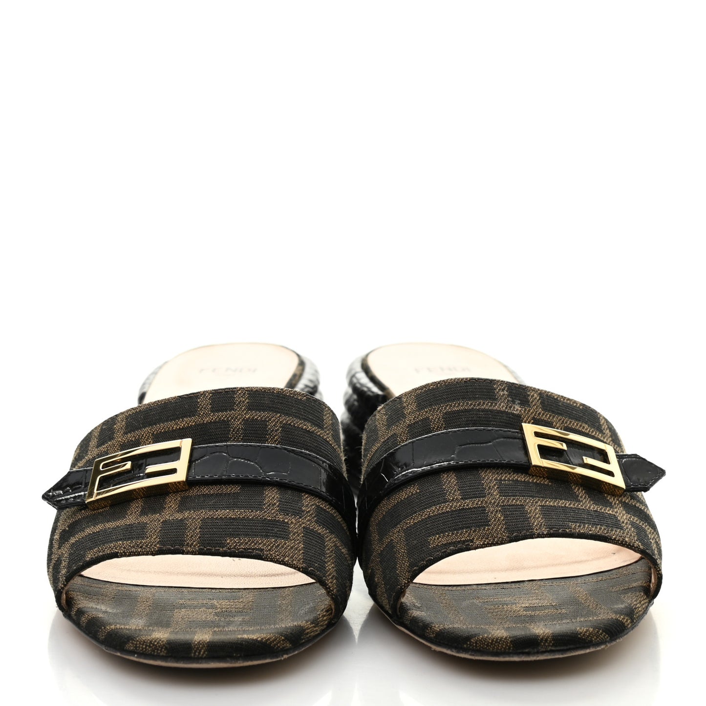 Jacquard Calfskin FF Crocodile Embossed Promenade Slide Sandals 38.5 Tobacco Moro Black