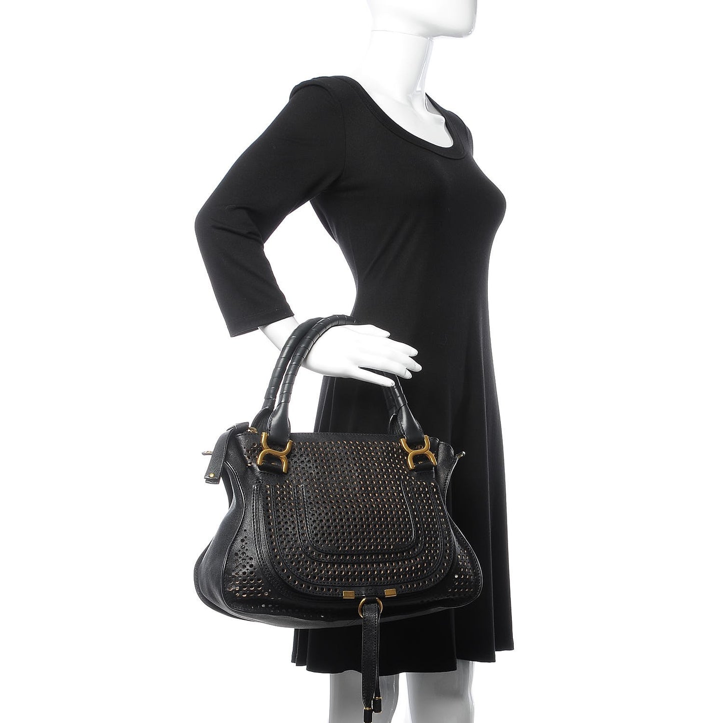 Calfskin Perforated Medium Marcie Satchel Black