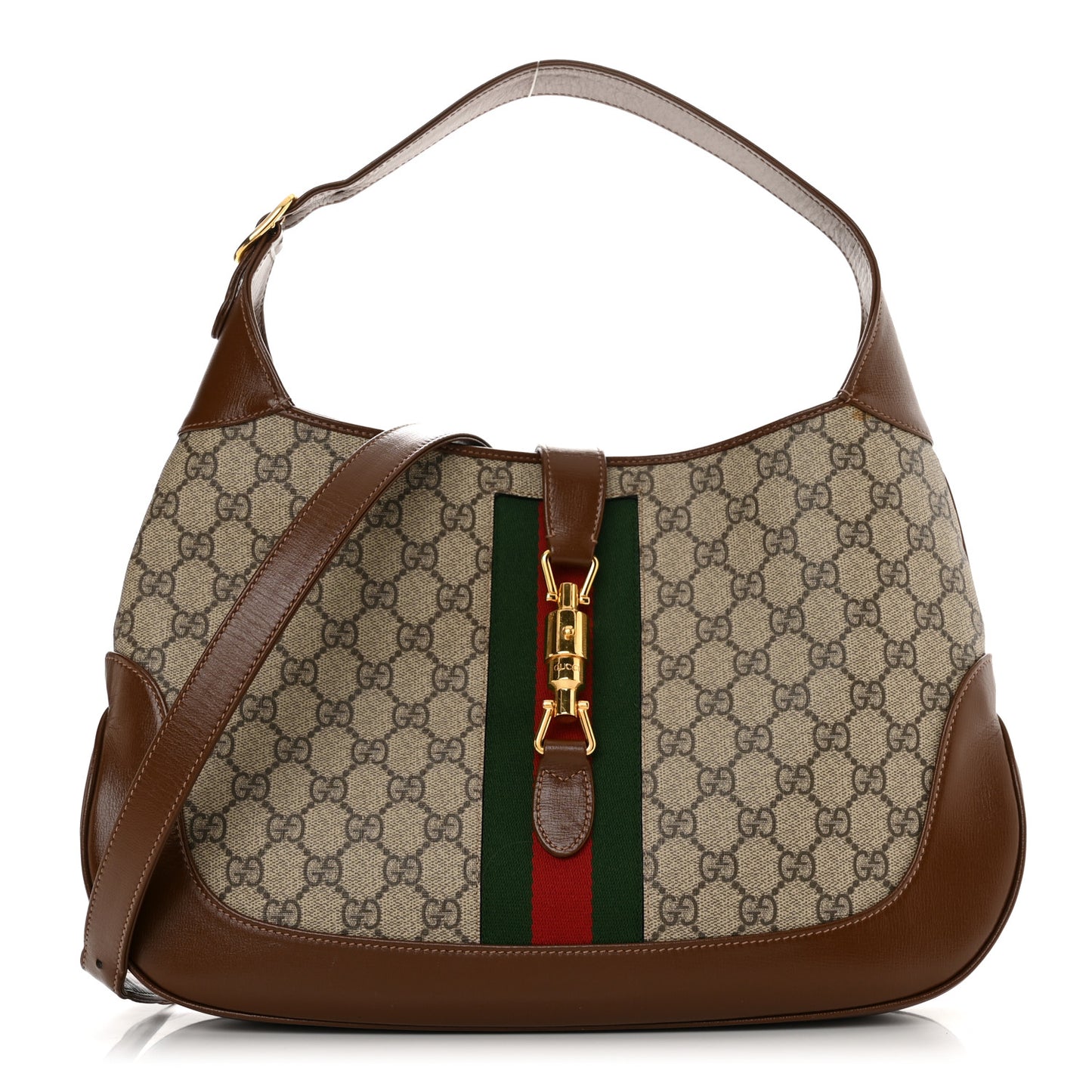 GG Supreme Monogram Azalea Calfskin Web Medium Jackie 1961 Hobo Beige Ebony Brown Sugar
