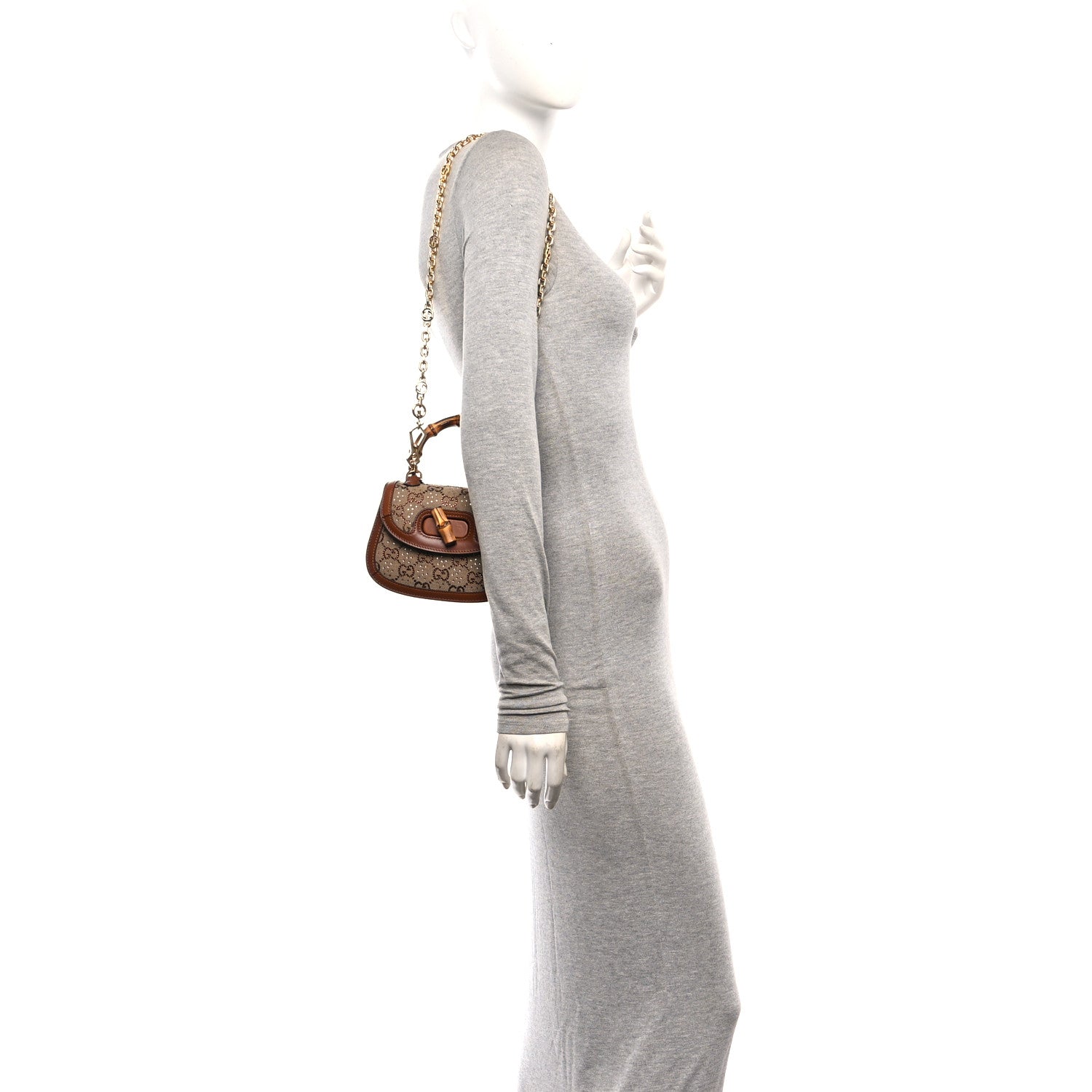 Gucci New Canvas Charisma Calfskin Crystal GG Monogram Small Bamboo 1947 Top Handle Bag Camel Ebony 2 of 10