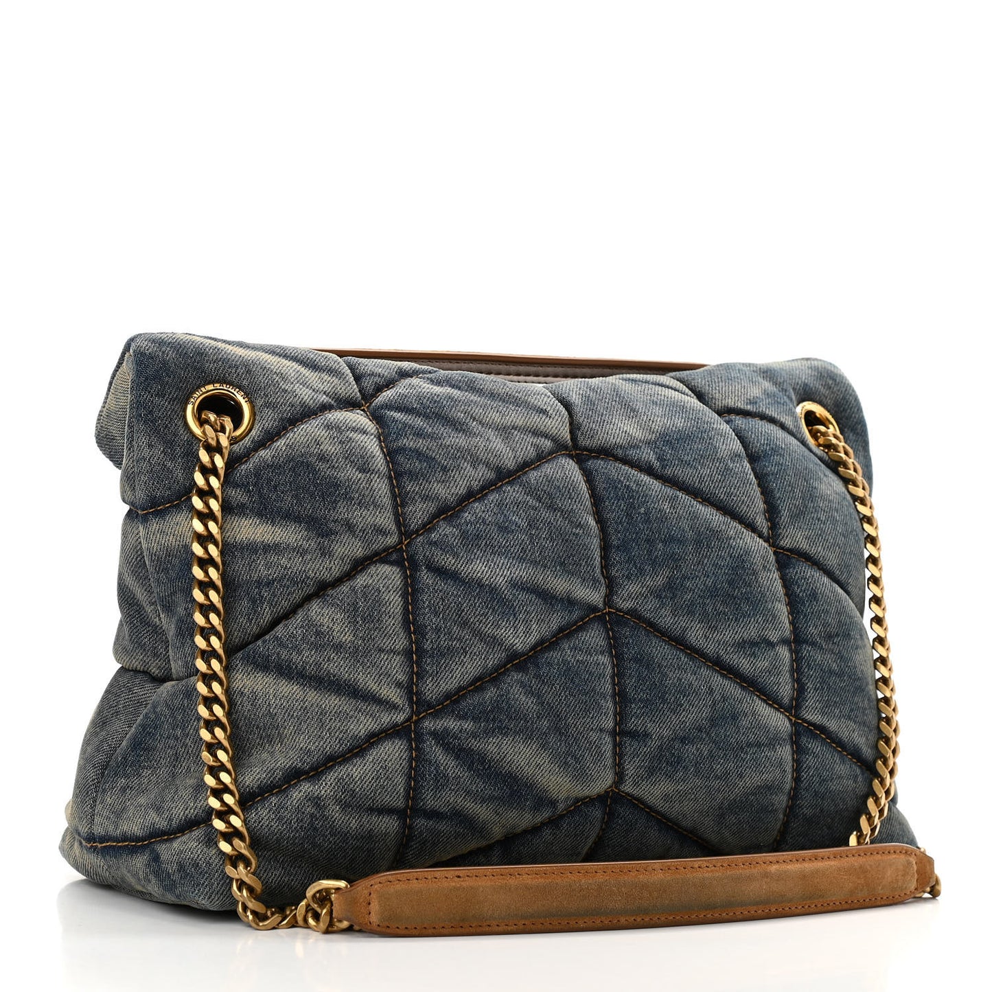 Denim Quilted Small Loulou Puffer Monogram Chain Satchel Blue Cinnamon