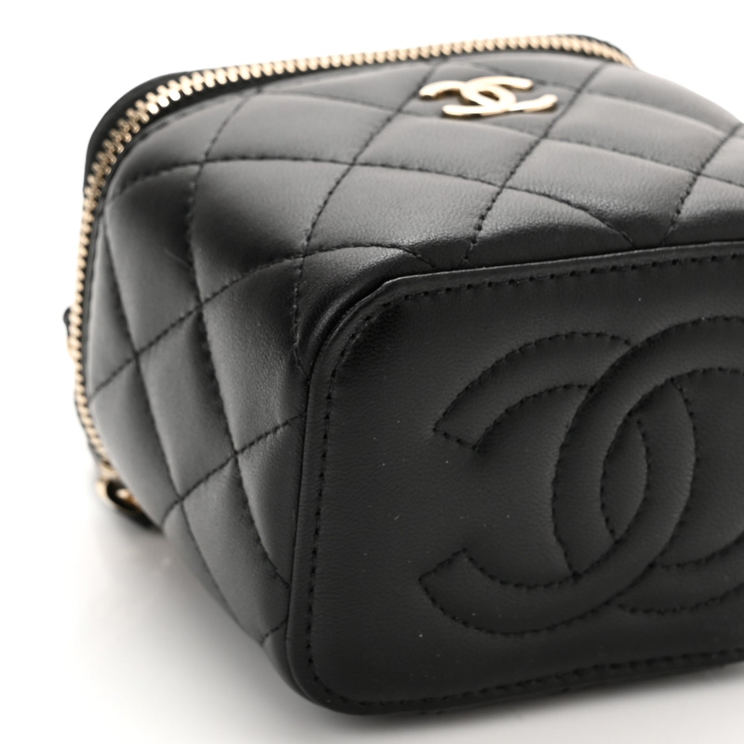 Lambskin Quilted Top Handle Mini Vanity Case With Chain Black