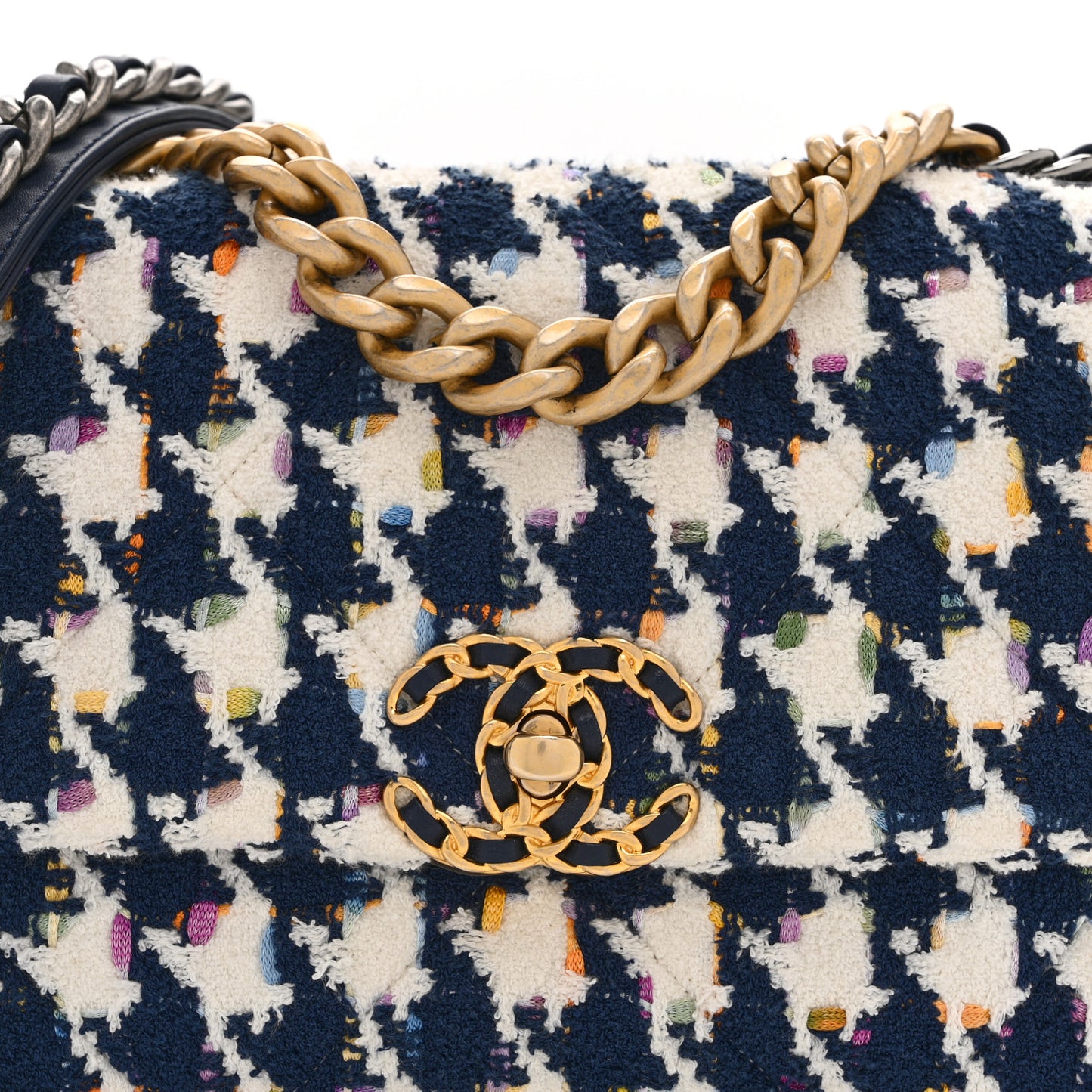 Tweed Quilted Medium Chanel 19 Flap Ecru Navy Blue Multicolor