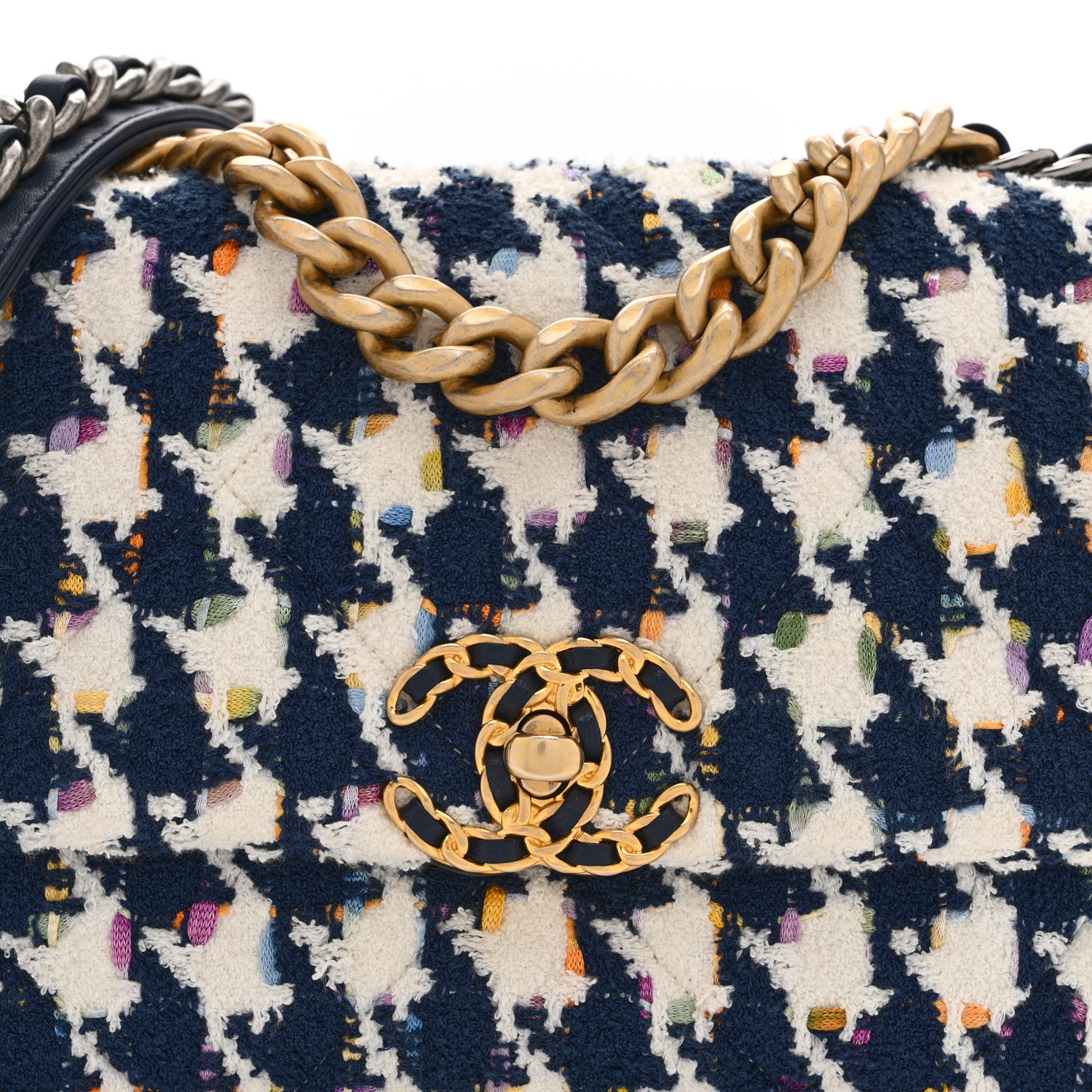 Chanel Tweed Quilted Medium Chanel 19 Flap Ecru Navy Blue Multicolor 8 of 10