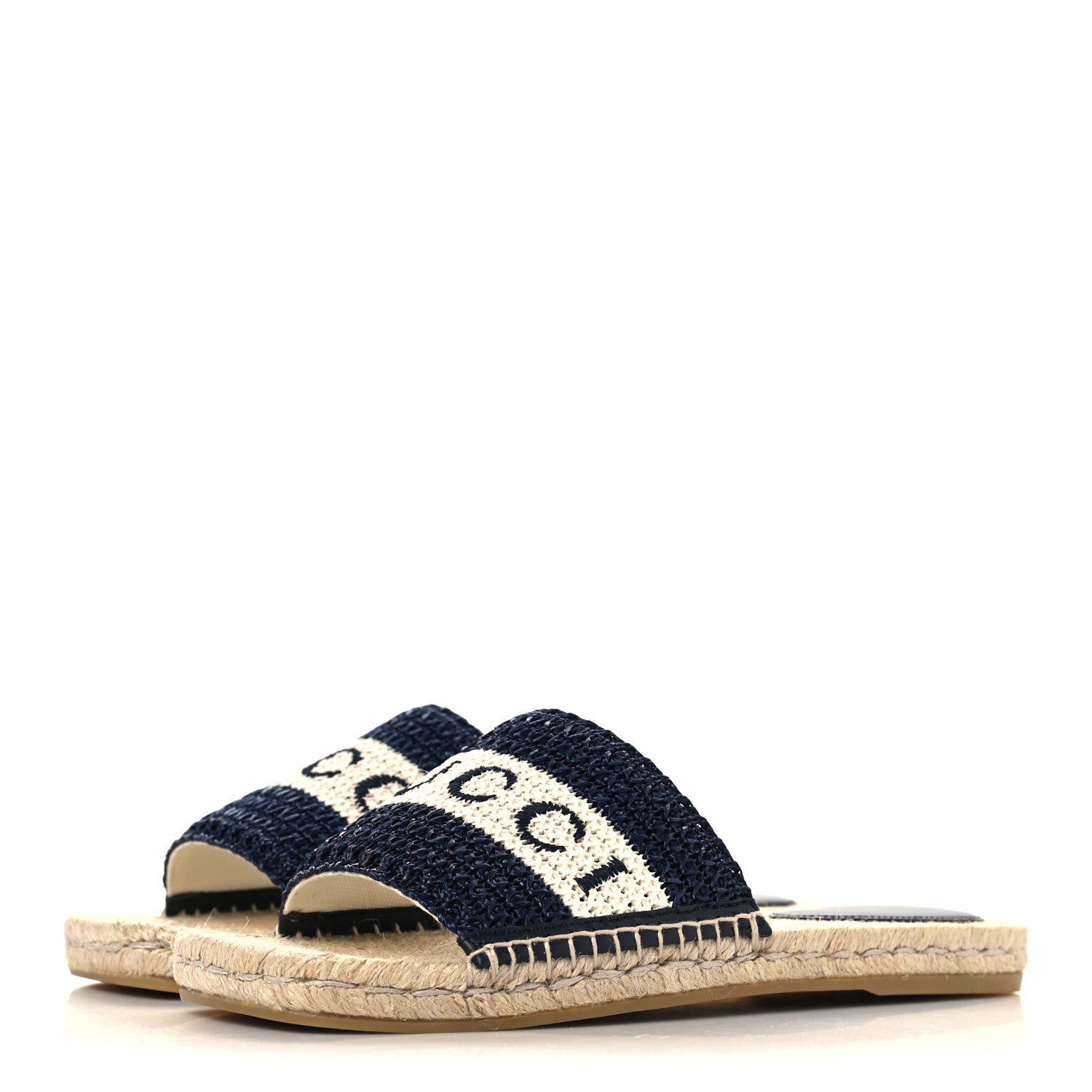 Gucci Macrochet Raffia Logo Flat Slide Espadrille Sandals 37.5 Blue Great White 4 of 10